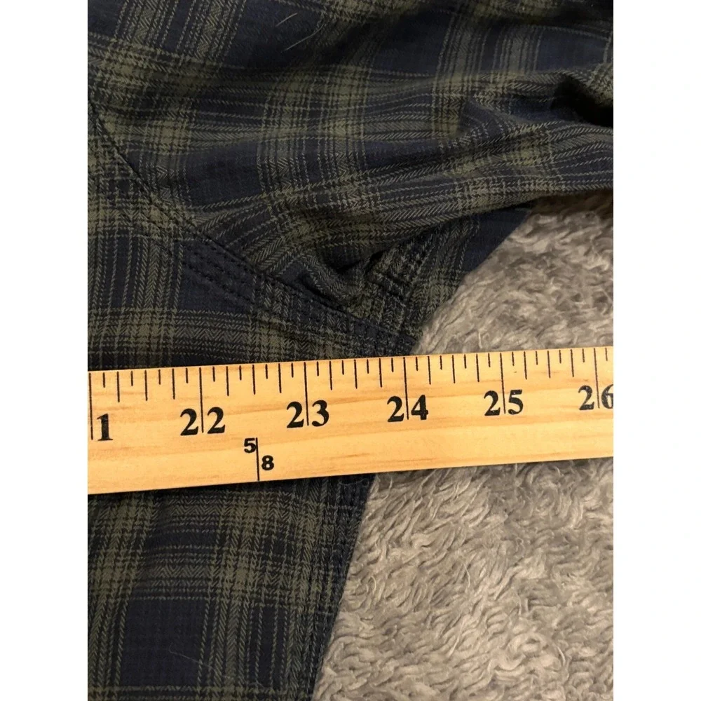 Banana Republic Shirt Mens XL Tailored Slim Fit Green Blue Plaid Pearl Snap